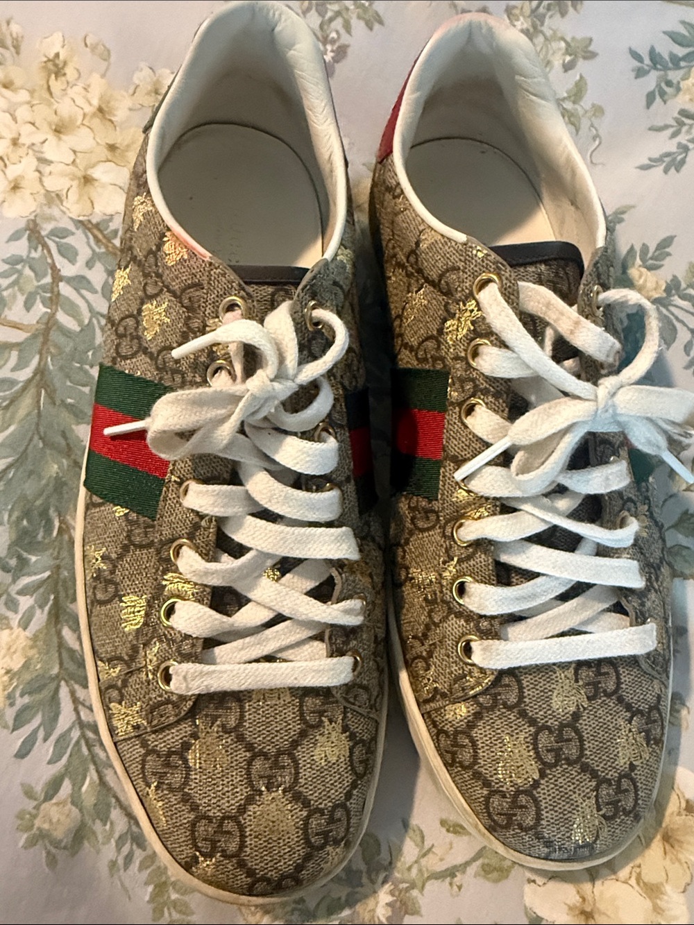 Gucci Gold Monogram Lace-Up Sneakers - White Laces